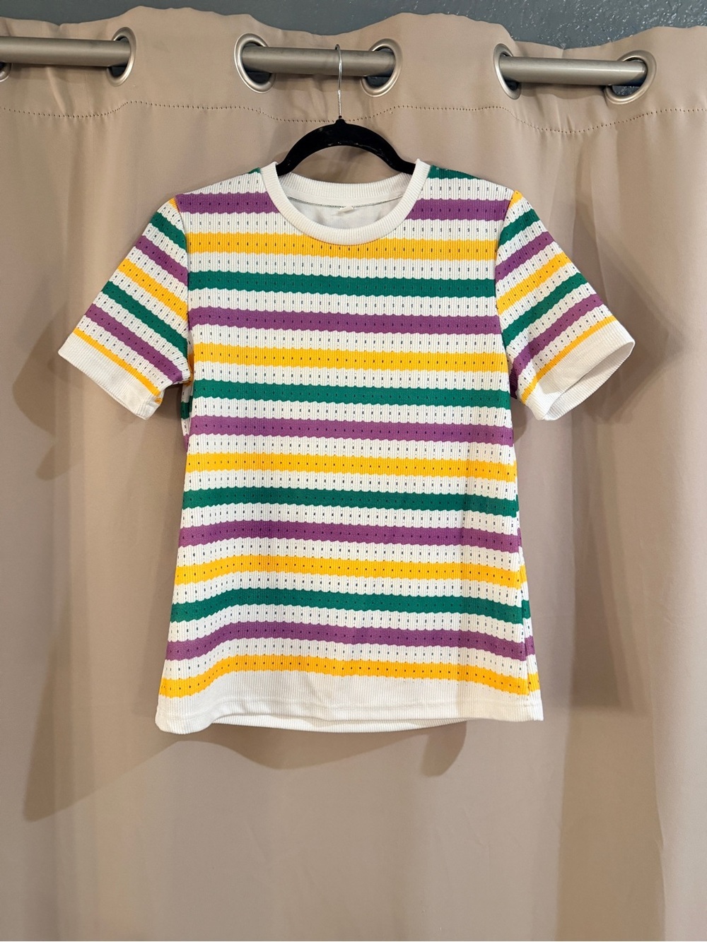 Women’s Short Sleeve Striped Eyelet Tee - White with Purple, Green & Yellow